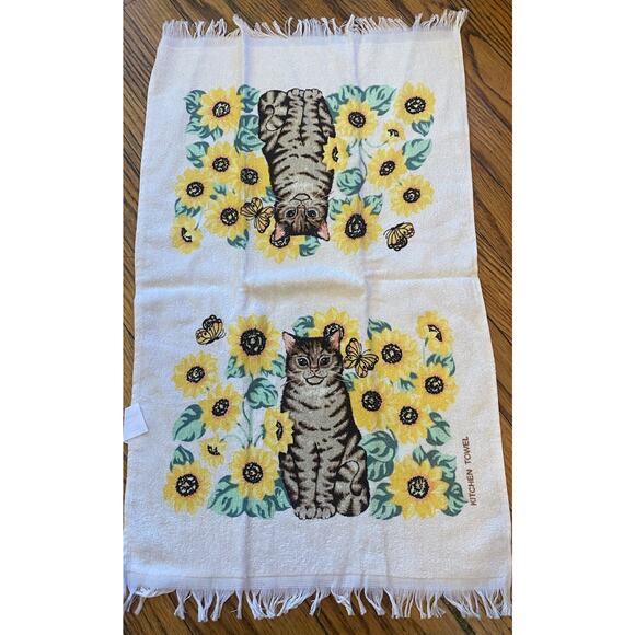 Vintage NWOT Cat Sunflowers Kitchen Towels Lot Of 2 Taiwan - Picture 2 of 7